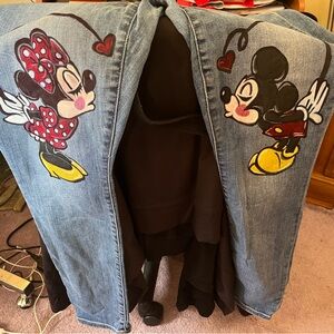 Hand painted myself…..Mickey and Minnie kissing jeans! Any size!